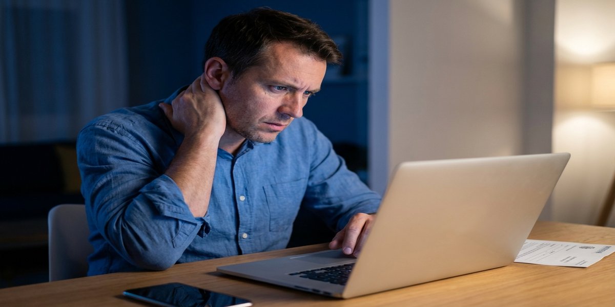 A man reviewing a background check on his laptop late at night with an official letter beside him, representing the discovery of a CPS founded finding on a Washington state record
