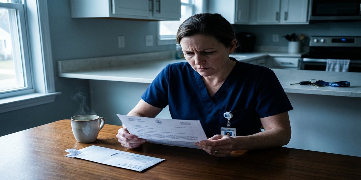 A healthcare professional in scrubs reading an official DCYF letter at her kitchen table with a concerned expression