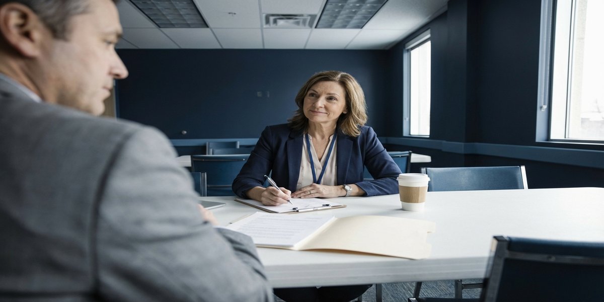 A Guardian ad Litem taking notes during a meeting with a parent in a conference room, representing the GAL investigation process in Washington dependency cases
