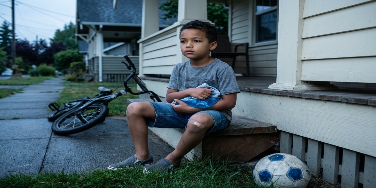 A young boy sitting on front porch steps with a bandaged knee next to a tipped bicycle, representing everyday childhood accidents that can trigger CPS investigations