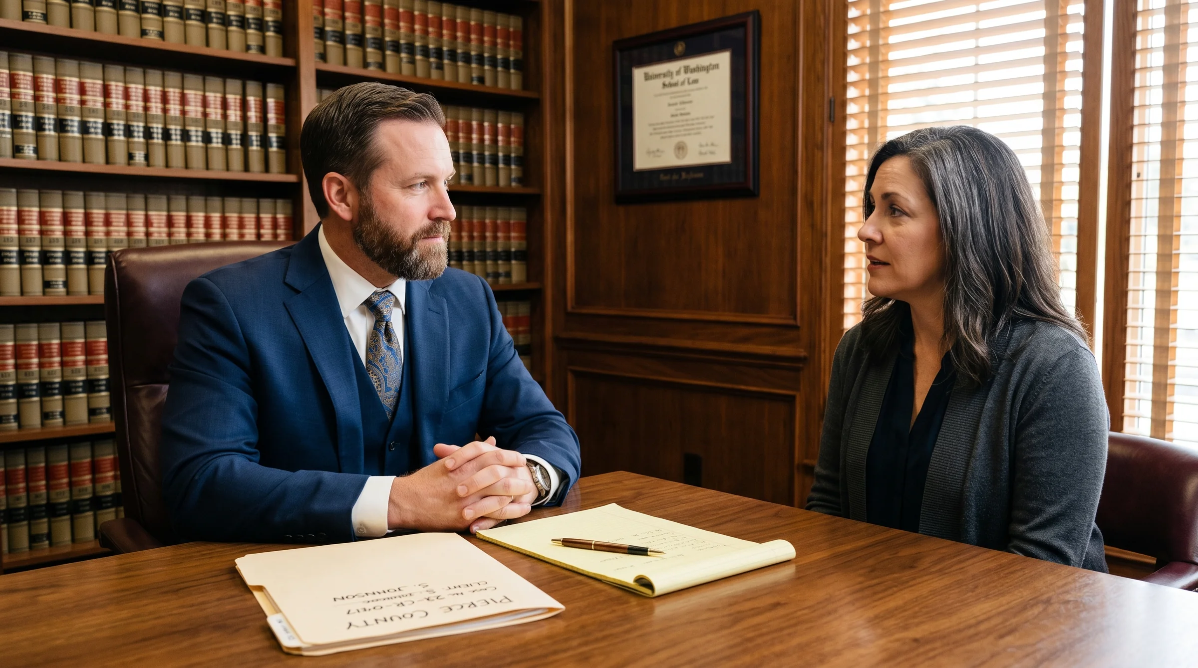 A Pierce County criminal defense attorney consults with a concerned client about an arrest in Tacoma