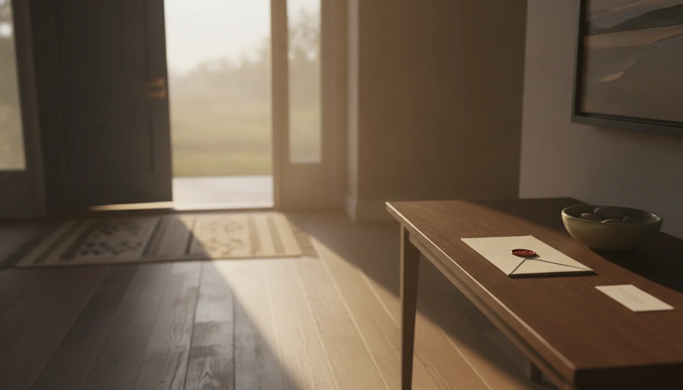A residential front entryway lit by late-afternoon light through a partly open door, with an official letter and a business card on an entry table