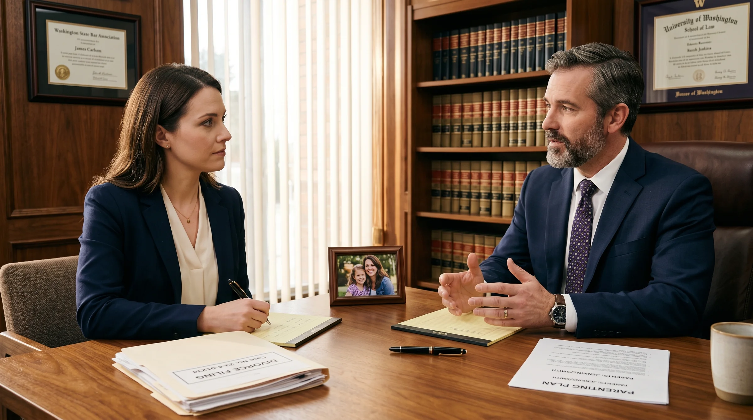 A Pierce County family law attorney consults with a parent navigating a CPS investigation during divorce