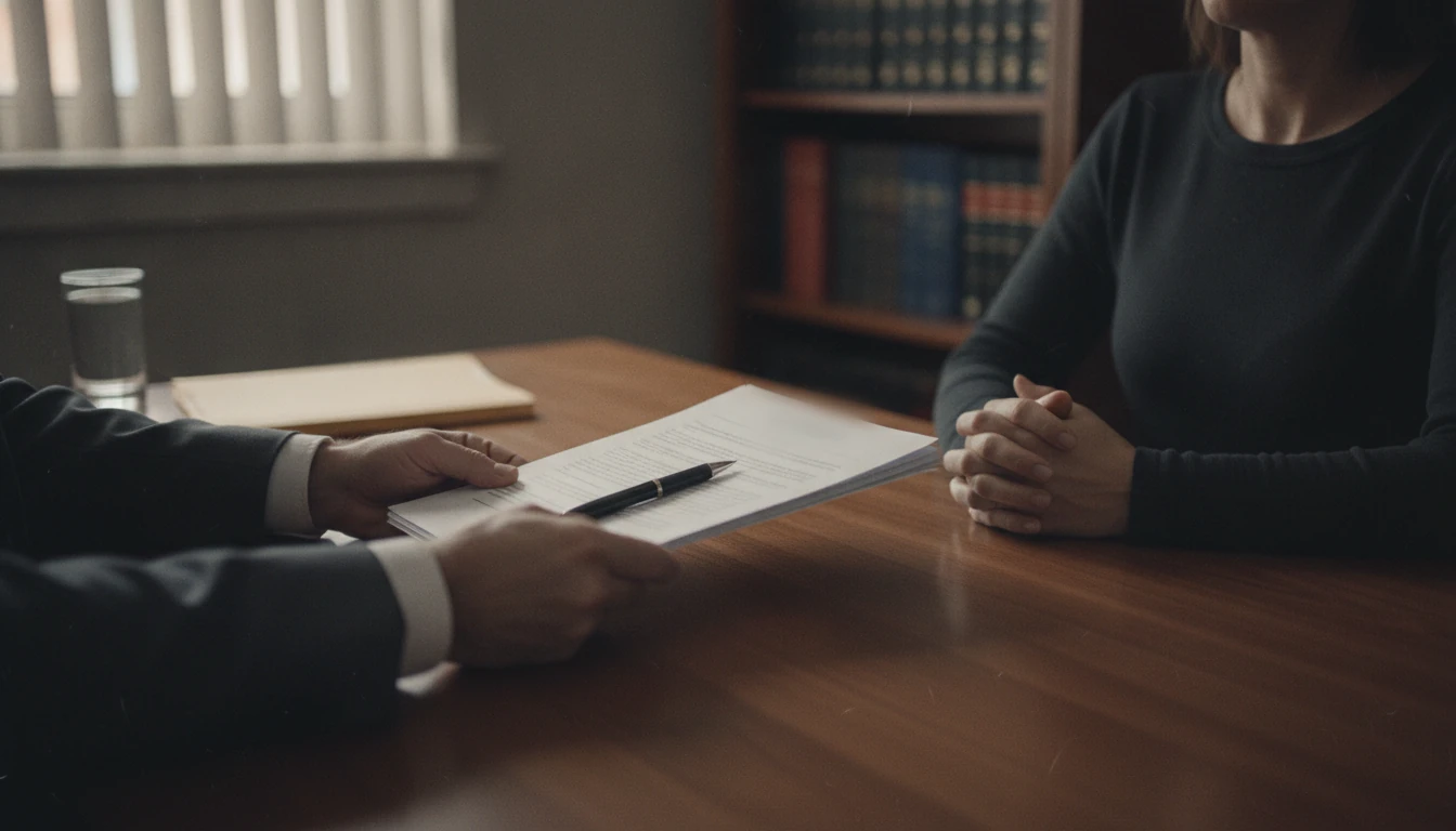 An attorney slides a printed fee agreement and a pen across a walnut desk toward a parent whose hands rest clasped on the other side