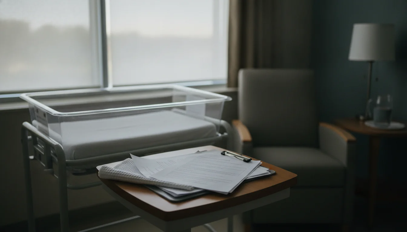 A quiet hospital maternity recovery room with an empty newborn bassinet by a window and a clipboard of paperwork on a side table