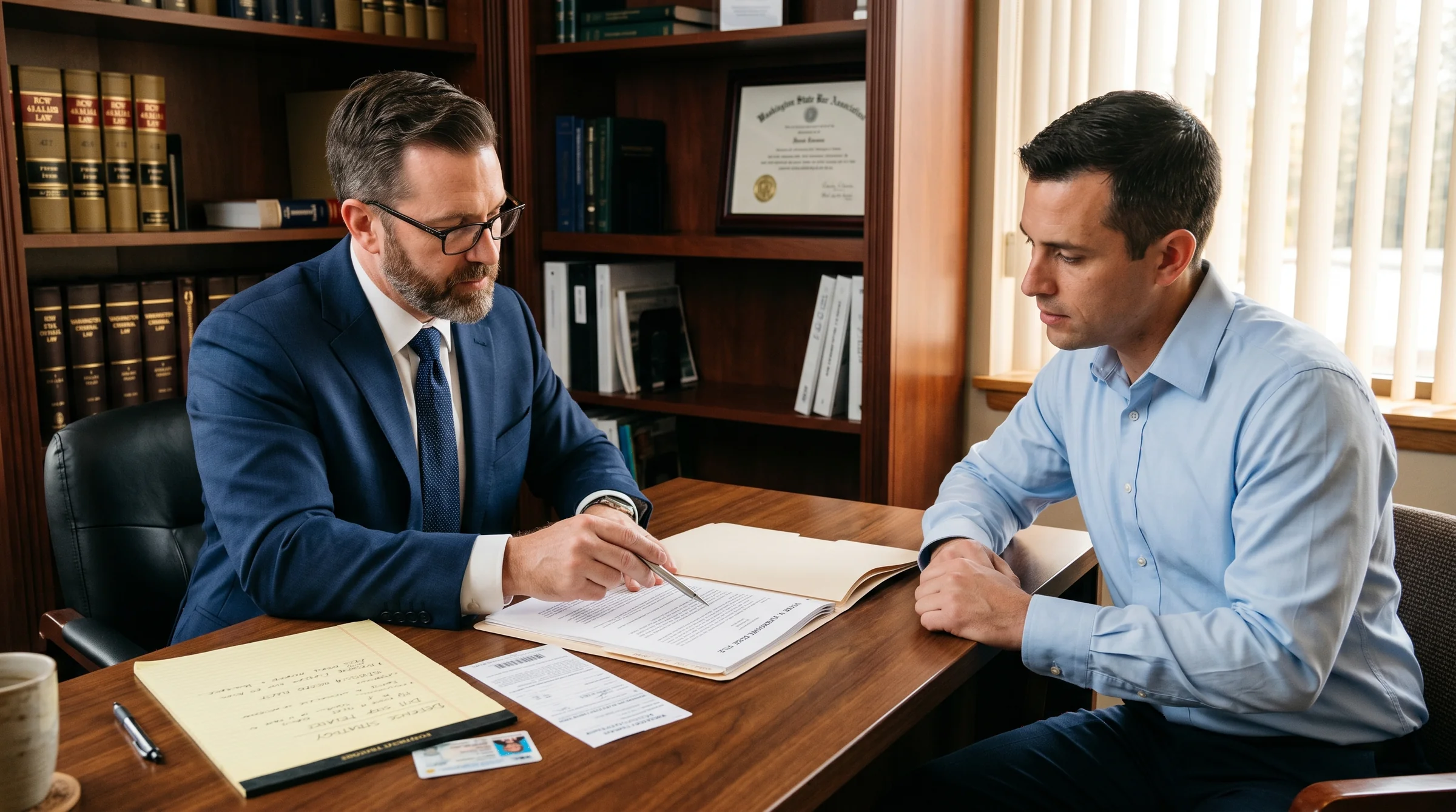 A Pierce County DUI defense attorney reviews a case file with a client at his office desk