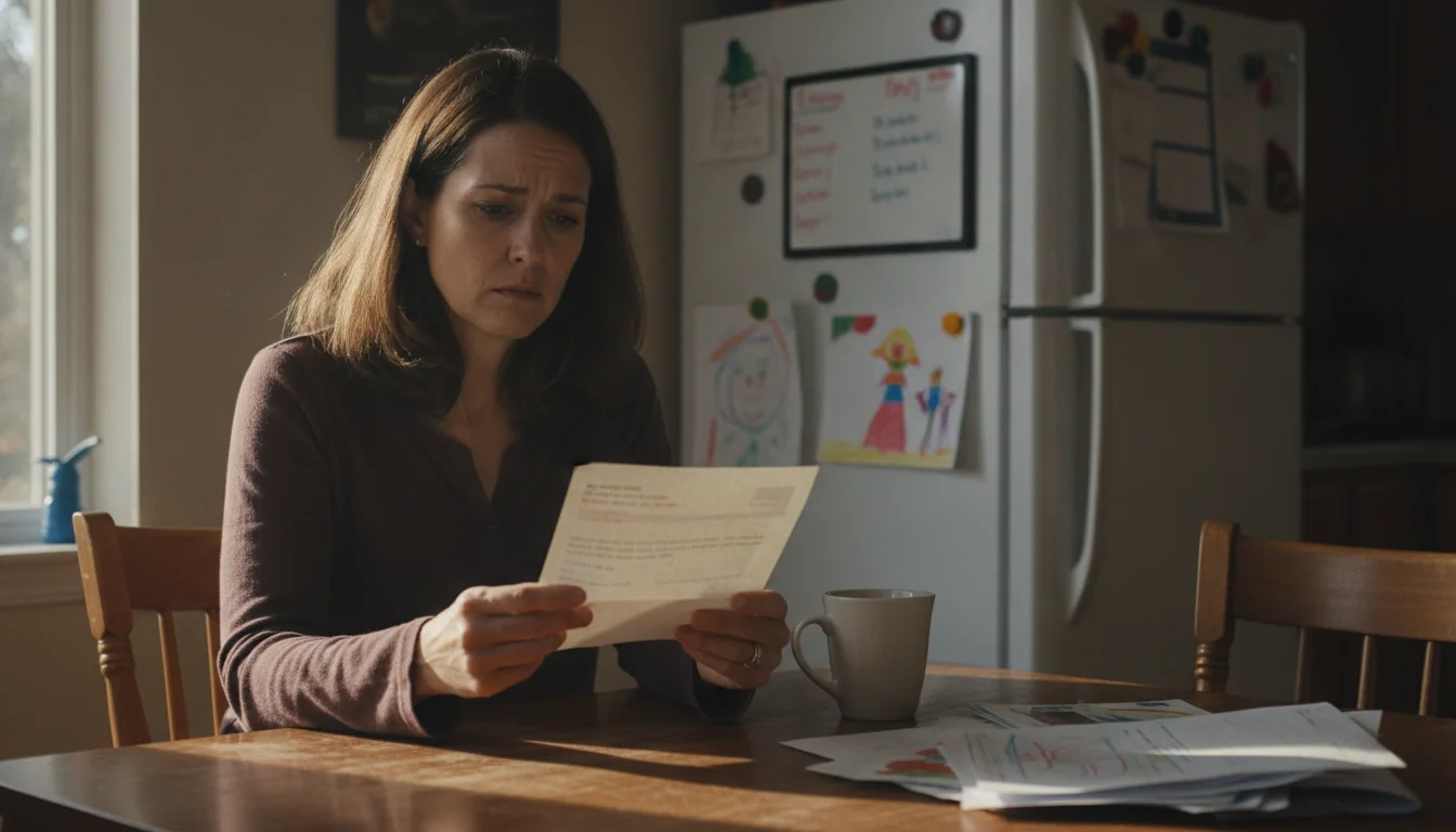 Parent at a kitchen table reading an official letter with quiet concern in a modest Washington home