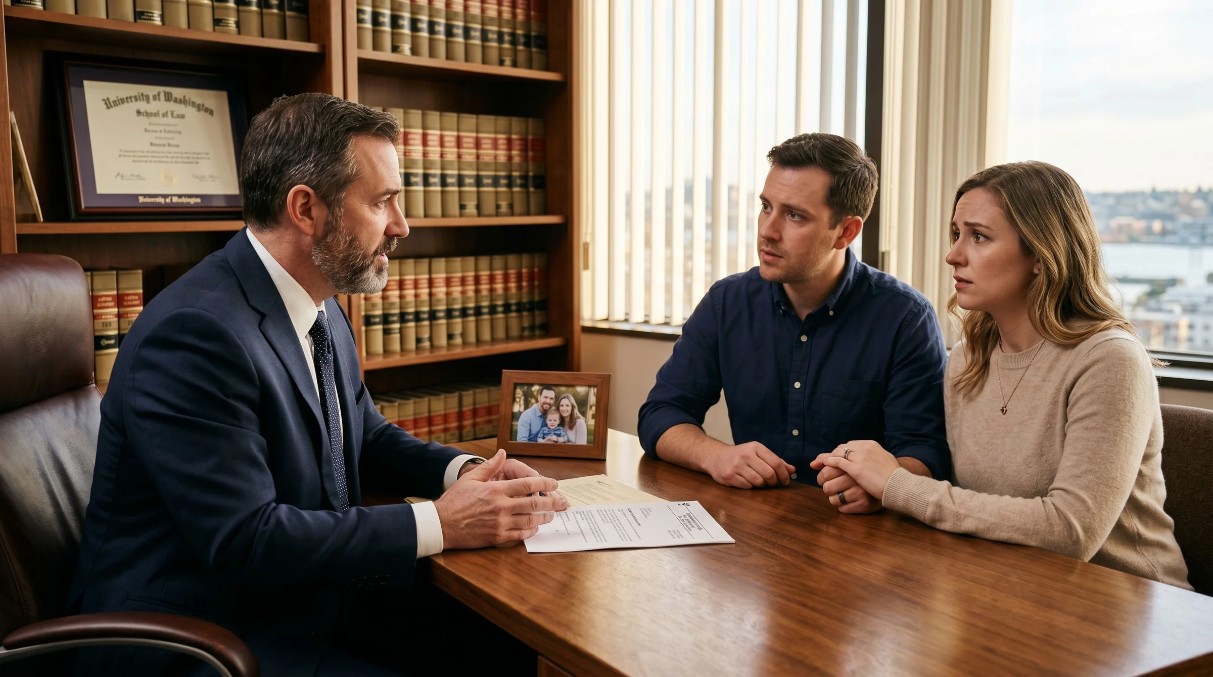 A Pierce County family defense attorney consults with a young married couple about a false CPS report