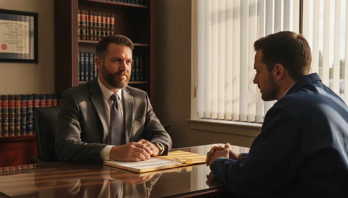 Attorney reviewing a criminal charge file with a client during a consultation in a Tacoma law office