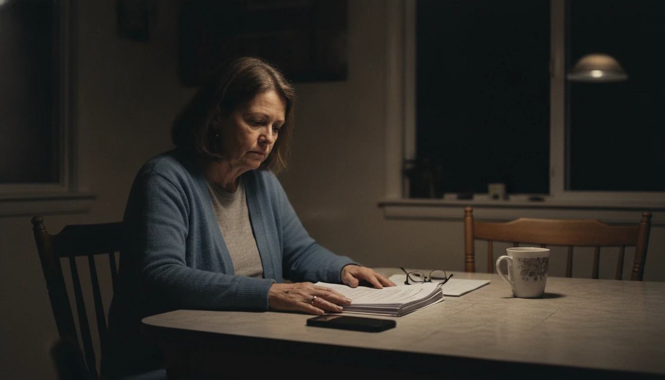 A woman in her fifties sits alone at a kitchen table late at night with court paperwork, her reading glasses, and a phone in front of her
