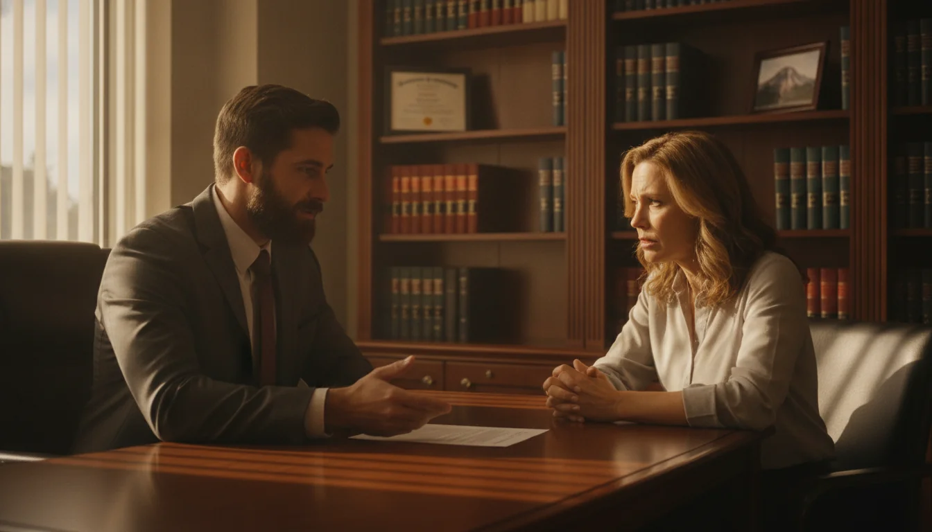 Attorney reassuring a worried mother during a juvenile defense consultation in a Tacoma law office
