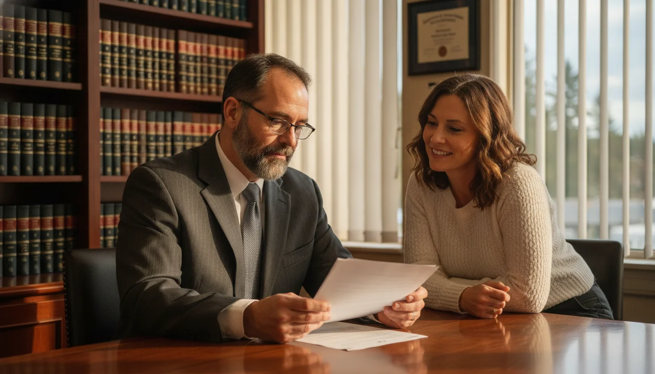 A bearded Tacoma defense attorney reviewing record-vacation paperwork with a hopeful client across a walnut desk in his law office