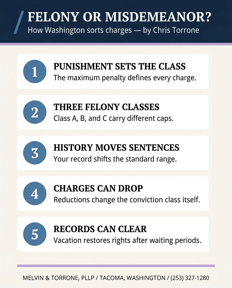 Five keys to Washington charges: the maximum penalty defines every charge; Class A, B, and C felonies carry different caps; criminal history shifts the standard sentence range; plea reductions can change the conviction class itself; vacation can clear records after waiting periods.