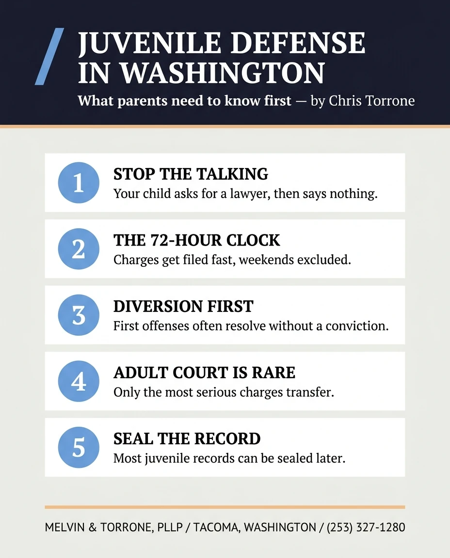 Five things parents need to know first: have your child ask for a lawyer and stop talking; charges are filed within 72 hours excluding weekends; first offenses often divert without a conviction; only the most serious charges transfer to adult court; most juvenile records can be sealed later.