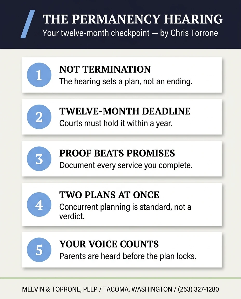 Five things parents should know: the hearing sets a plan, not a termination; courts must hold it within twelve months; documented proof beats promises; concurrent planning is standard, not a verdict; parents are heard before the plan locks.